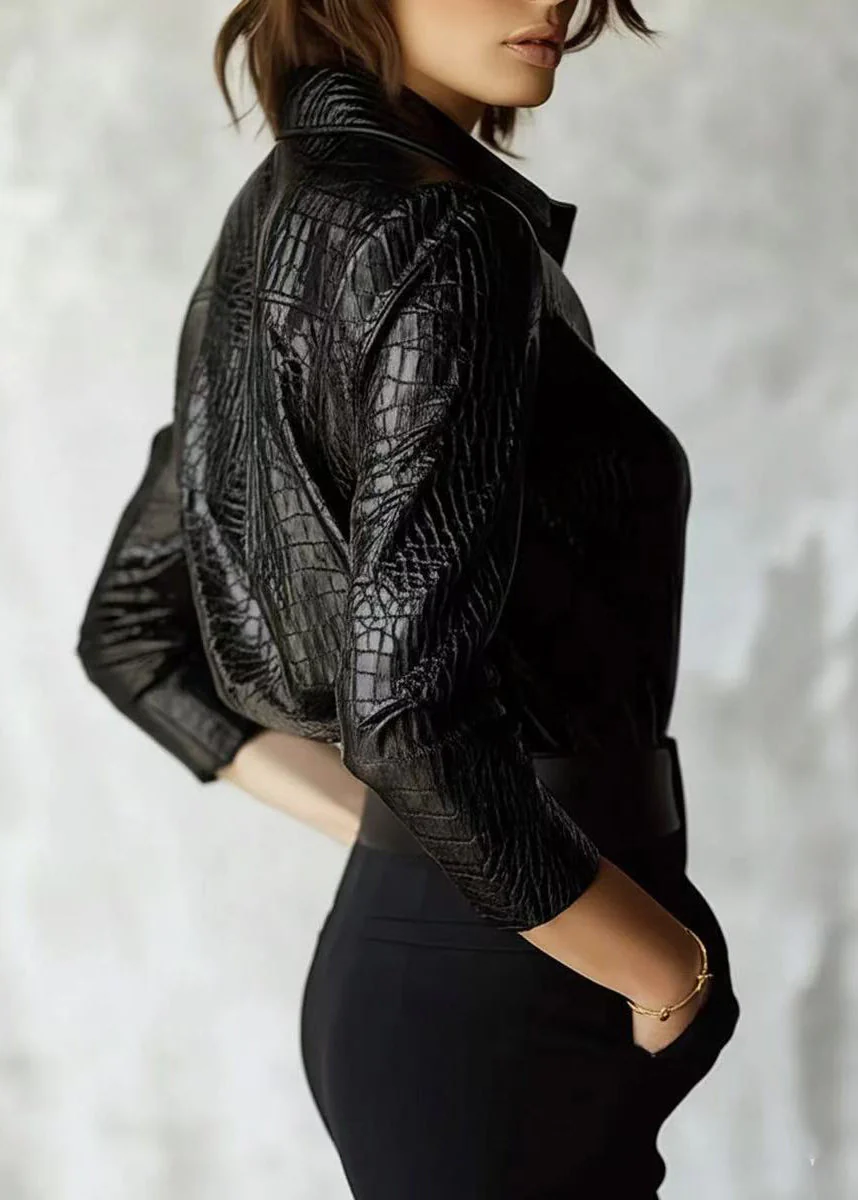Stylish Black Peter Pan Collar Button Faux Leather Shirts Spring - Image 2