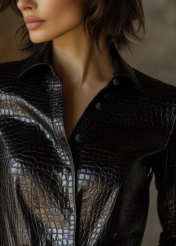 Stylish Black Peter Pan Collar Button Faux Leather Shirts Spring - Image 4