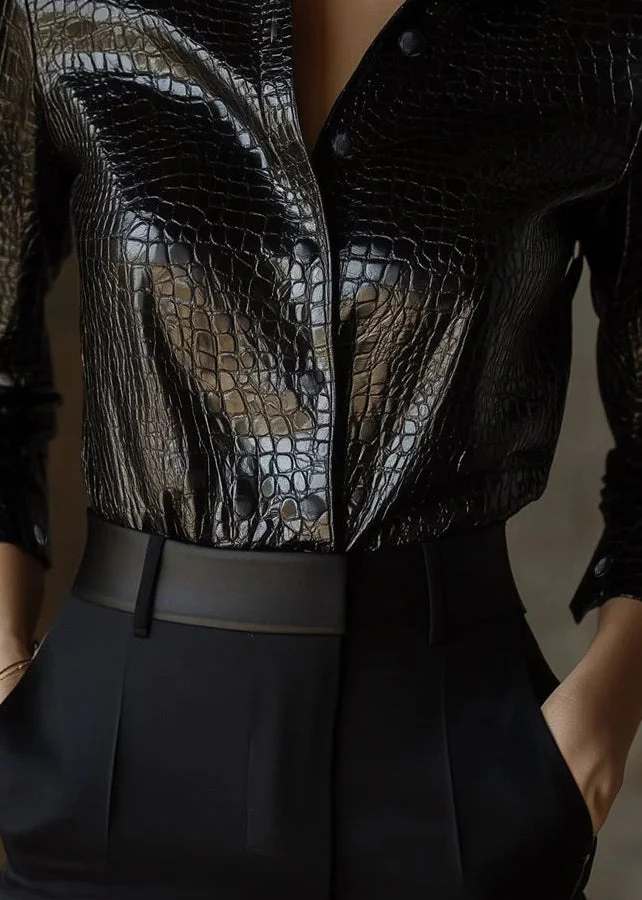 Stylish Black Peter Pan Collar Button Faux Leather Shirts Spring - Image 5