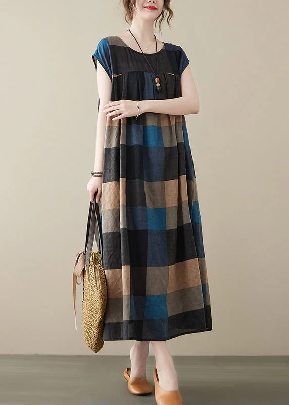 Stylish Black Plaid O-Neck Linen Long Dresses Short Sleeve - Image 3