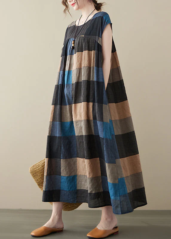 Stylish Black Plaid O-Neck Linen Long Dresses Short Sleeve - Image 4