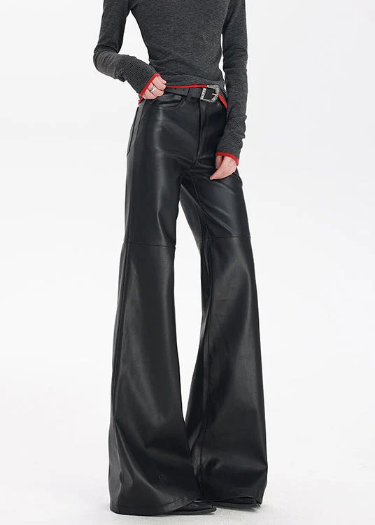 Stylish Black Pockets High Waist Faux Leather Flare Bottoms Spring