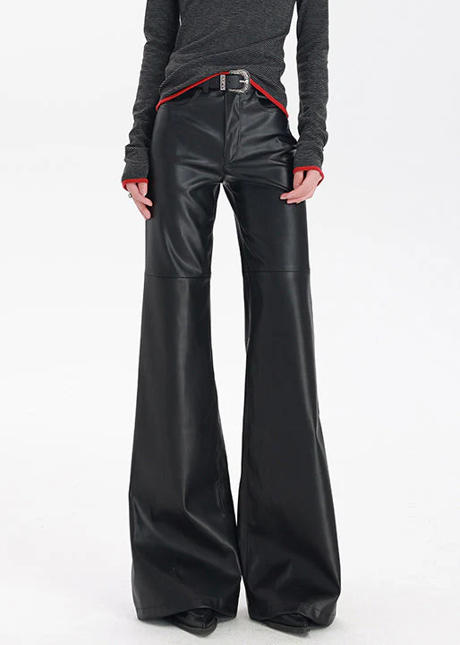 Stylish Black Pockets High Waist Faux Leather Flare Bottoms Spring - Image 2