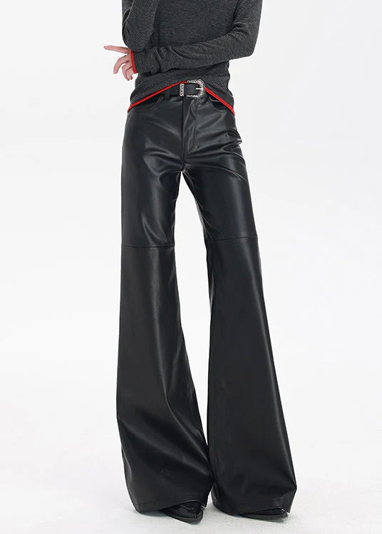 Stylish Black Pockets High Waist Faux Leather Flare Bottoms Spring - Image 3