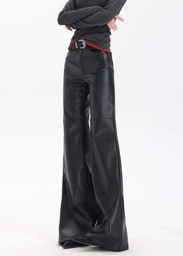 Stylish Black Pockets High Waist Faux Leather Flare Bottoms Spring - Image 4