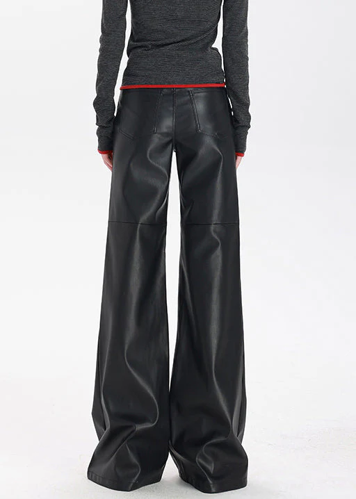 Stylish Black Pockets High Waist Faux Leather Flare Bottoms Spring - Image 5