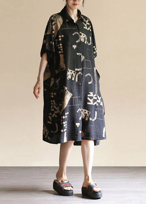 Stylish Black Pockets Print Patchwork Linen Shirts Dress Summer - Image 2