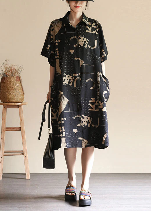 Stylish Black Pockets Print Patchwork Linen Shirts Dress Summer - Image 3