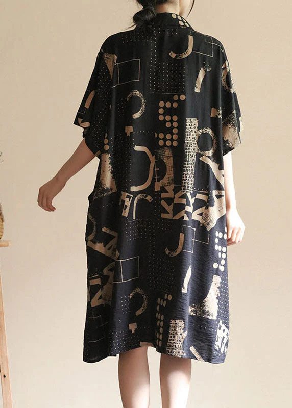 Stylish Black Pockets Print Patchwork Linen Shirts Dress Summer - Image 4