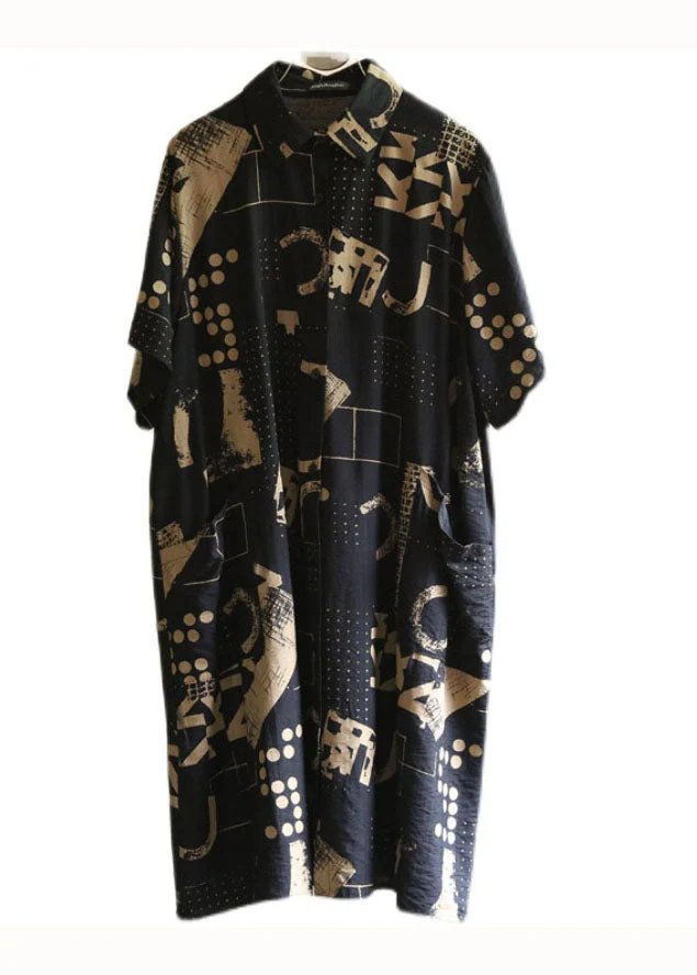 Stylish Black Pockets Print Patchwork Linen Shirts Dress Summer - Image 5