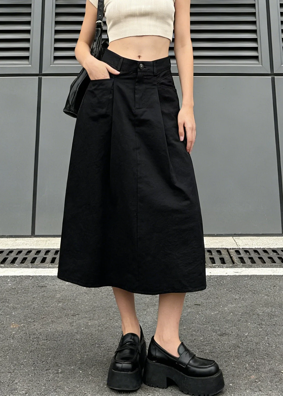 Stylish Black Pockets Wrinkled Denim Skirt Spring - Image 5