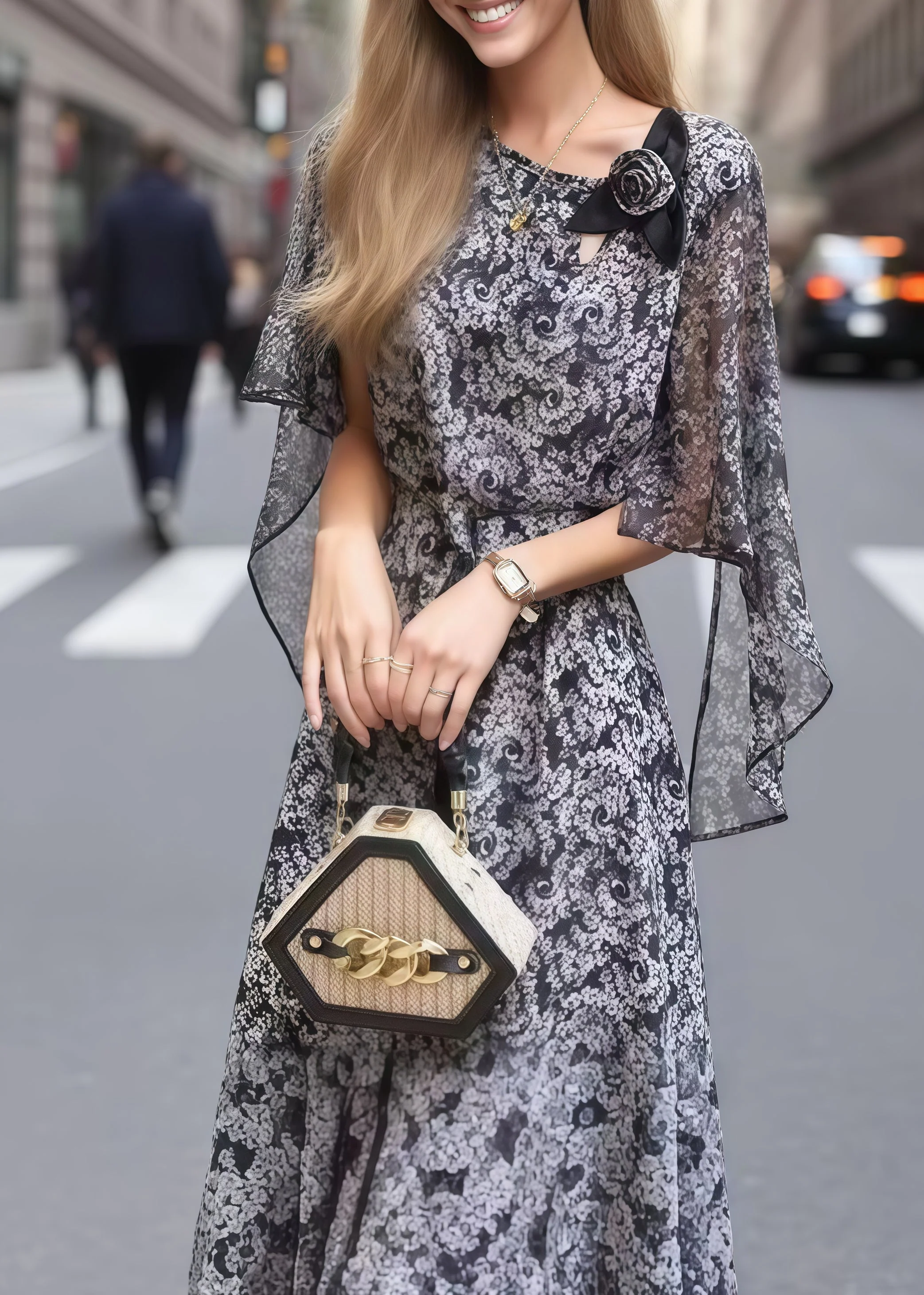 Stylish Black Print Flower Decorated Silk Dress Cloak Sleeves - Image 2