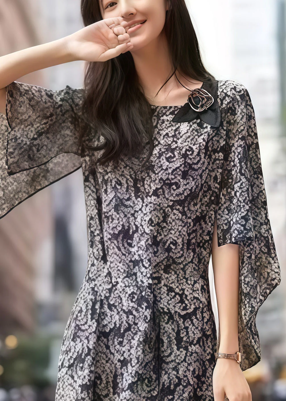 Stylish Black Print Flower Decorated Silk Dress Cloak Sleeves - Image 3