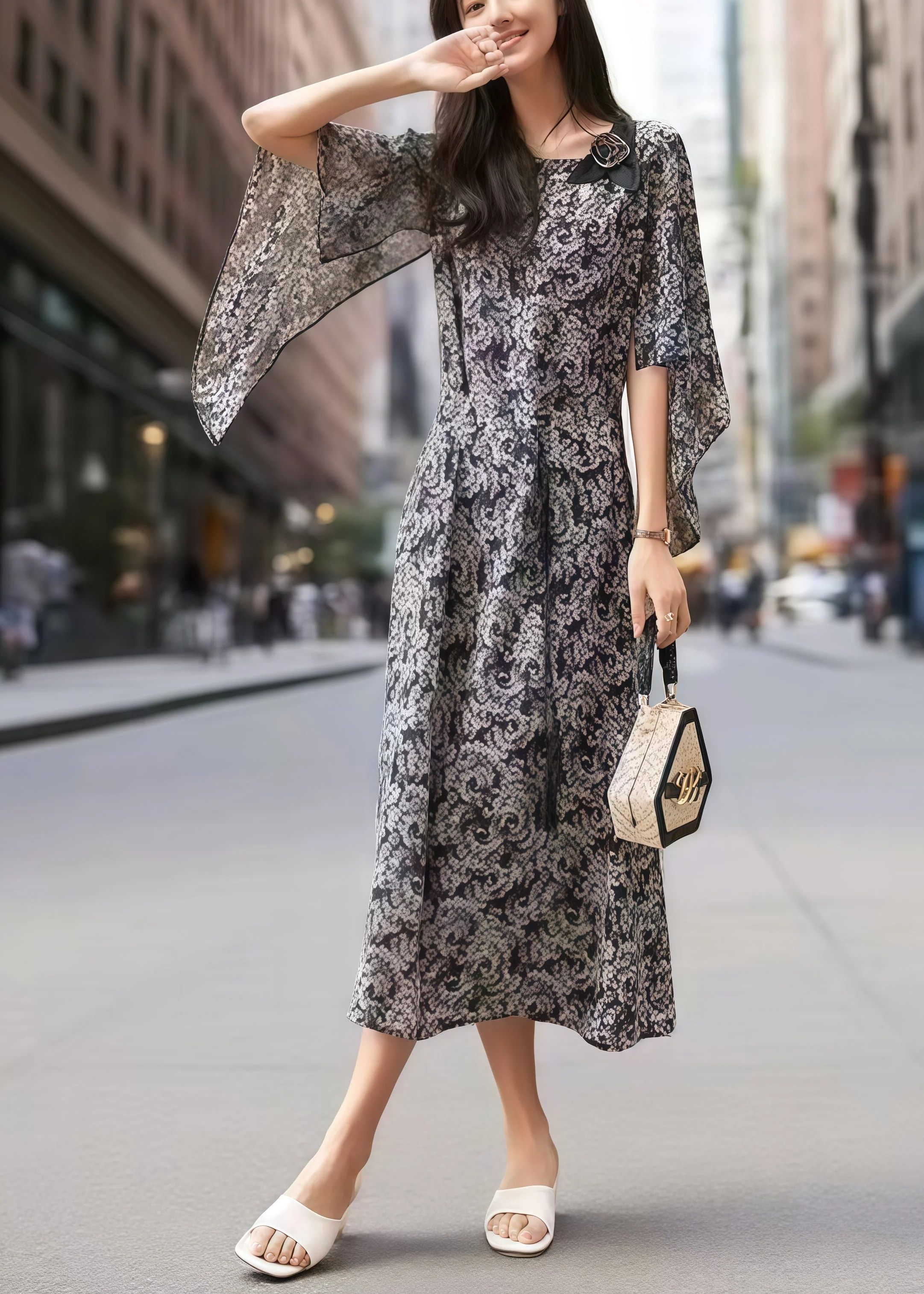 Stylish Black Print Flower Decorated Silk Dress Cloak Sleeves - Image 5