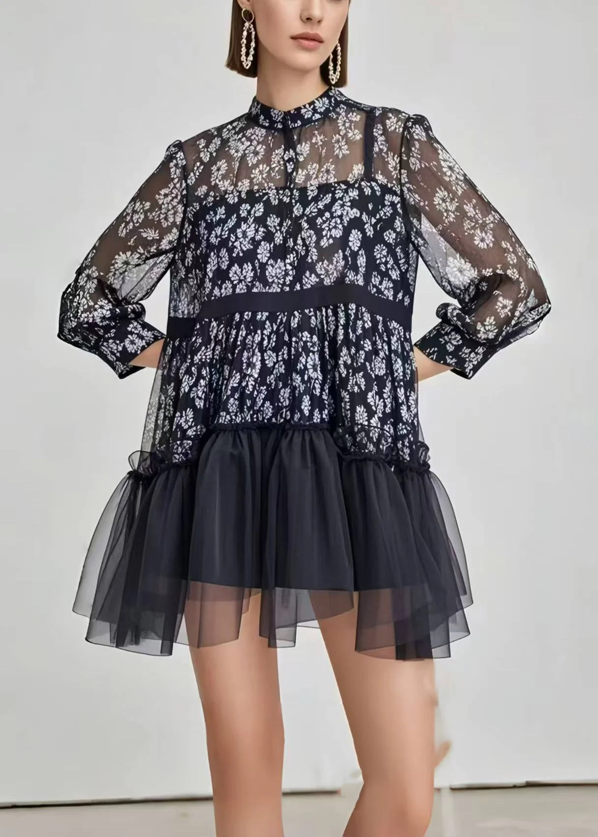 Stylish Black Print Patchwork Chiffon Mini Dress Summer