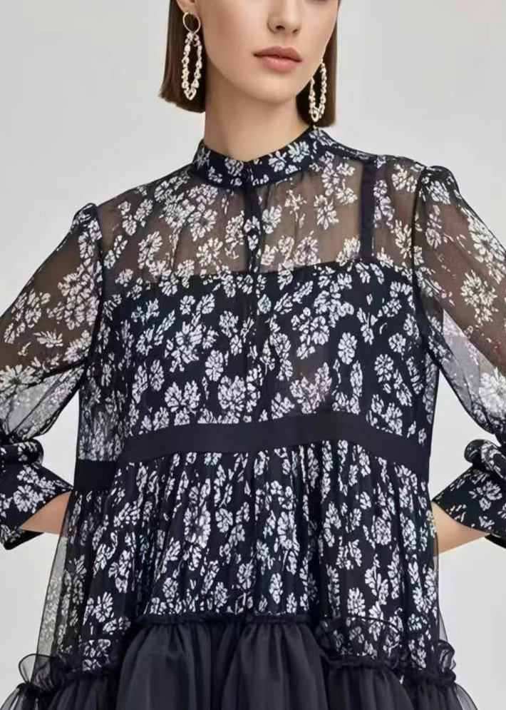 Stylish Black Print Patchwork Chiffon Mini Dress Summer - Image 2