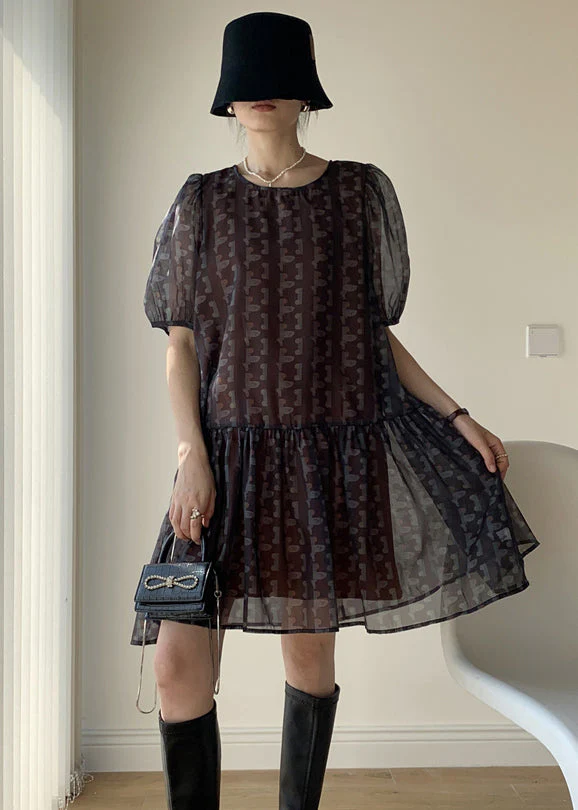 Stylish Black Print Wrinkled Patchwork Chiffon Dress Summer - Image 2