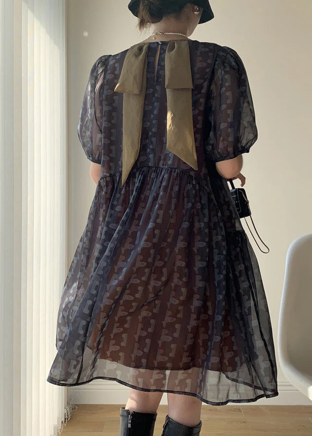 Stylish Black Print Wrinkled Patchwork Chiffon Dress Summer - Image 3