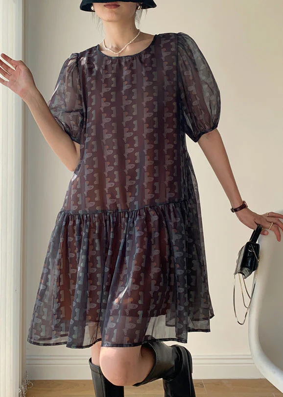 Stylish Black Print Wrinkled Patchwork Chiffon Dress Summer - Image 4