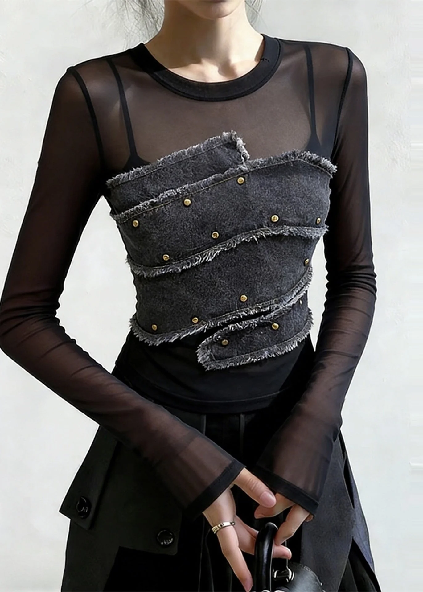Stylish Black Rivet Denim Patchwork Tulle Shirt Spring - Image 2