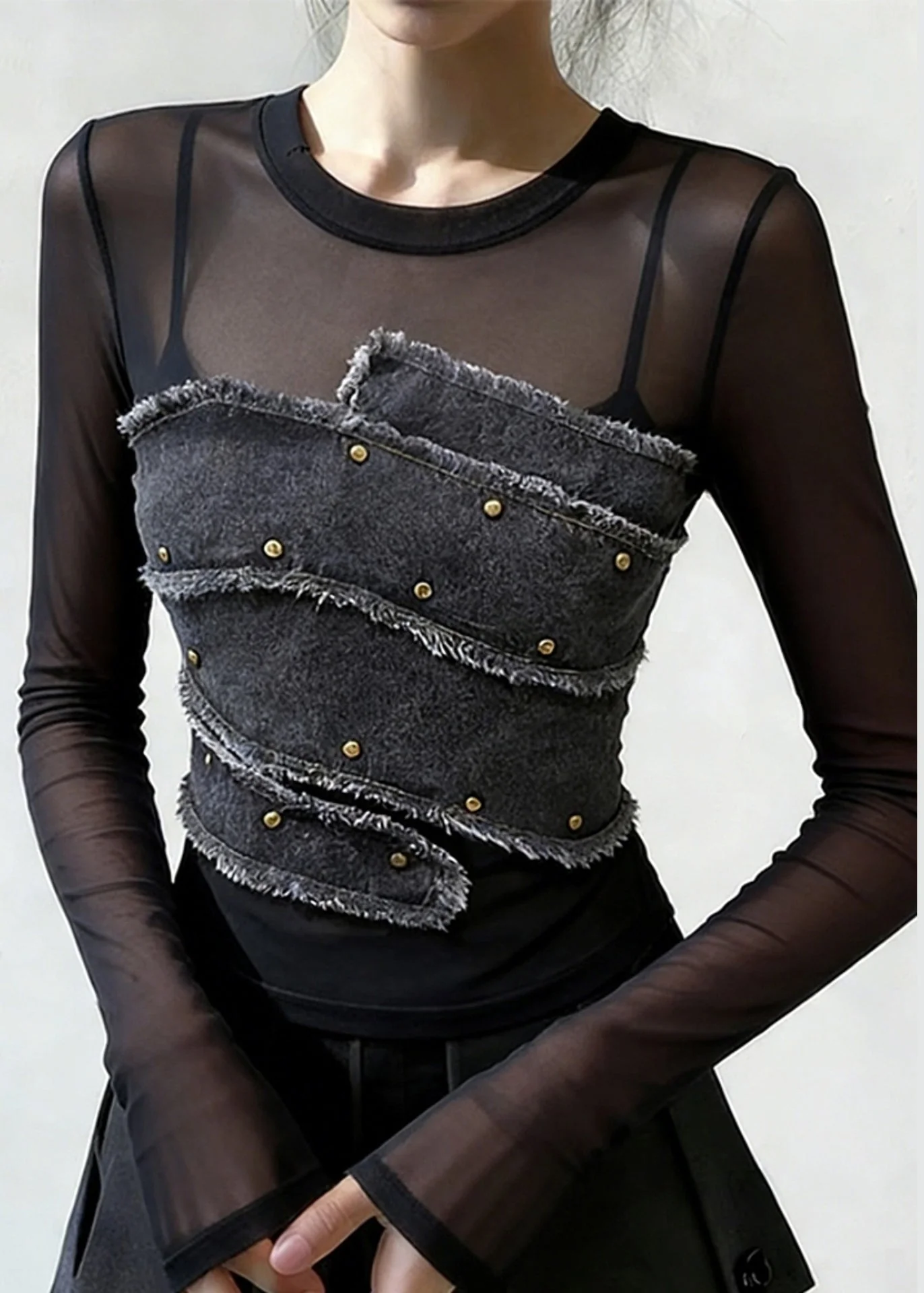 Stylish Black Rivet Denim Patchwork Tulle Shirt Spring - Image 3