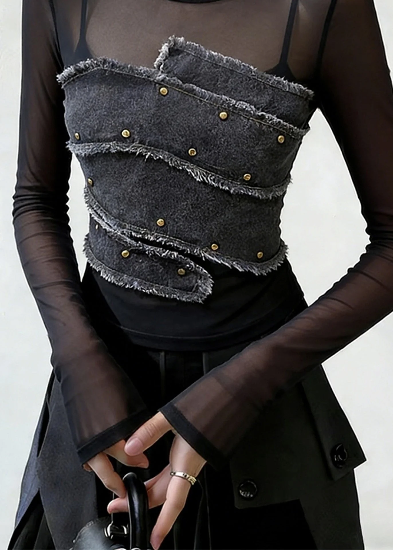 Stylish Black Rivet Denim Patchwork Tulle Shirt Spring - Image 4