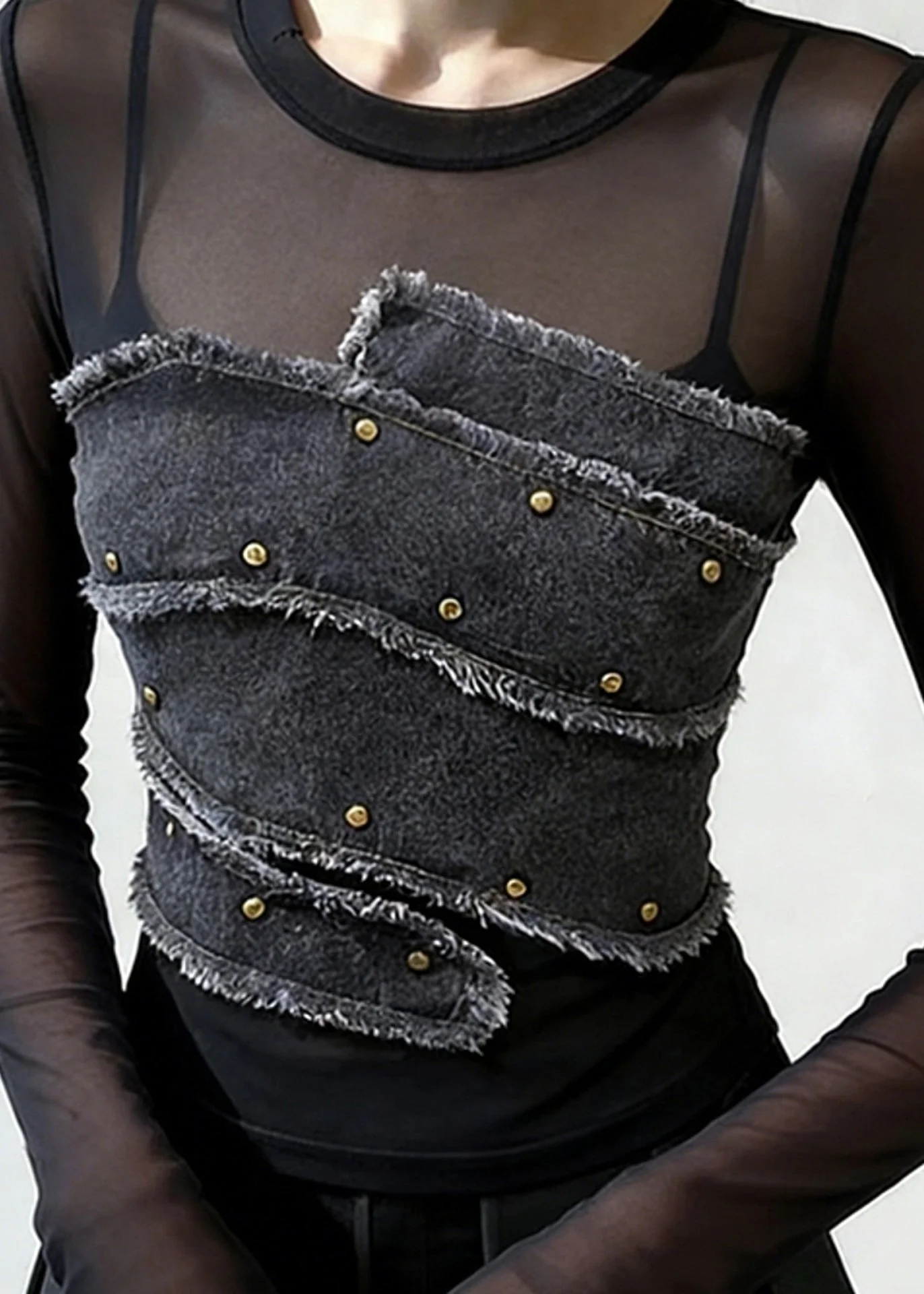 Stylish Black Rivet Denim Patchwork Tulle Shirt Spring - Image 5