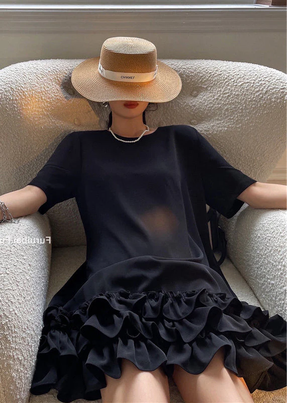 Stylish Black Ruffled Patchwork Cotton T Shirt Dress Summer - Image 2