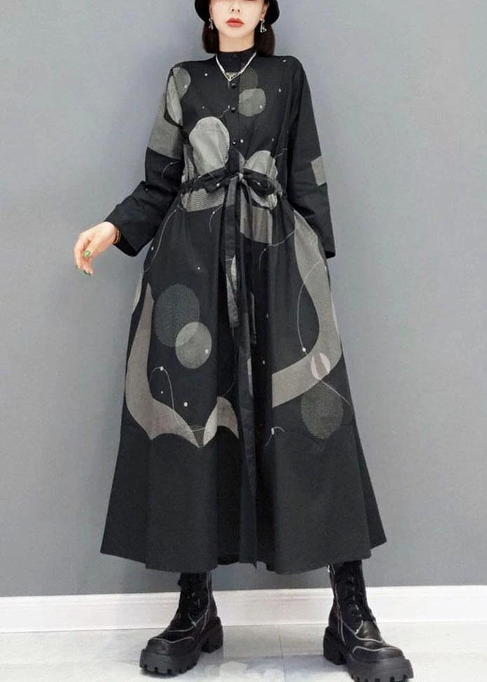 Stylish Black Stand Button Dresses Fall Long Sleeve