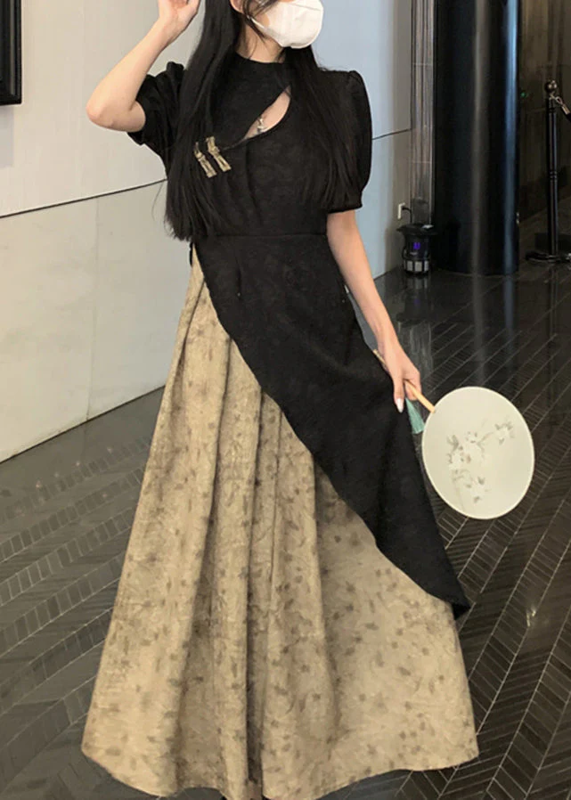 Stylish Black Stand Collar Print Patchwork Button Silk Maxi Dresses Puff Sleeve - Image 2