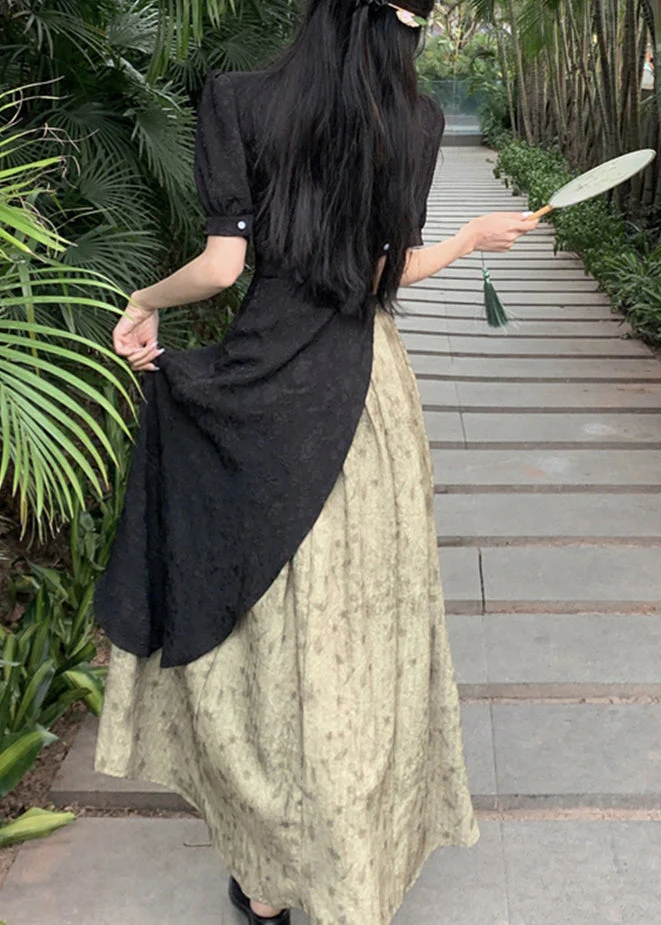 Stylish Black Stand Collar Print Patchwork Button Silk Maxi Dresses Puff Sleeve - Image 5