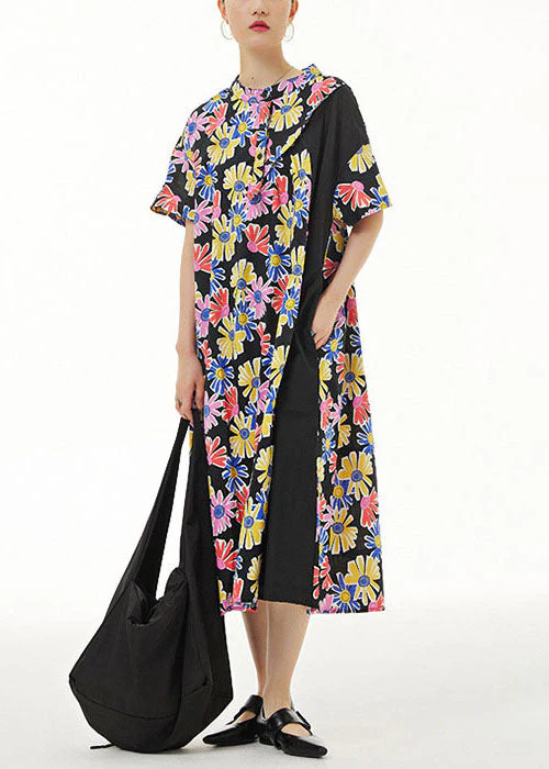 Stylish Black Stand Collar Print Patchwork Cotton Dresses Summer - Image 2