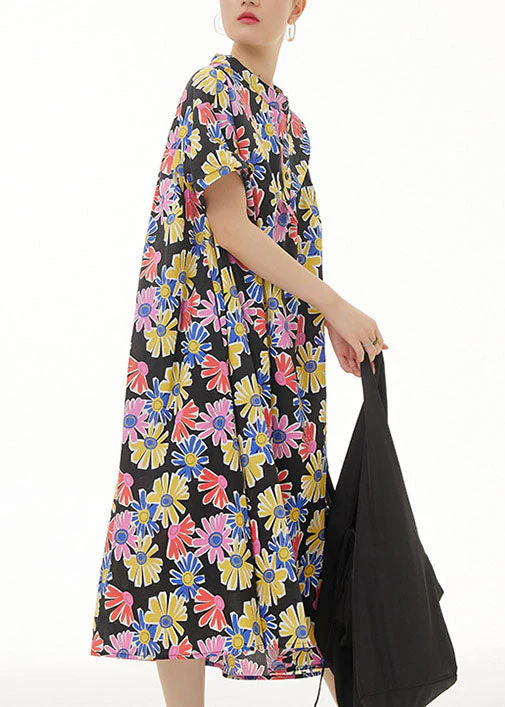 Stylish Black Stand Collar Print Patchwork Cotton Dresses Summer - Image 3