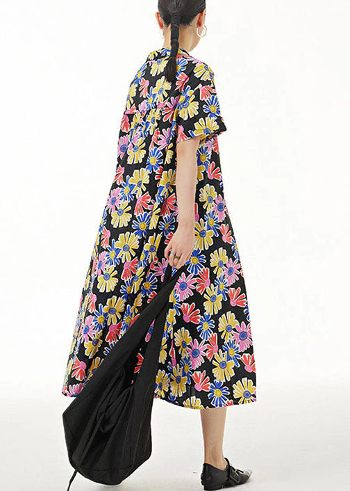 Stylish Black Stand Collar Print Patchwork Cotton Dresses Summer - Image 4