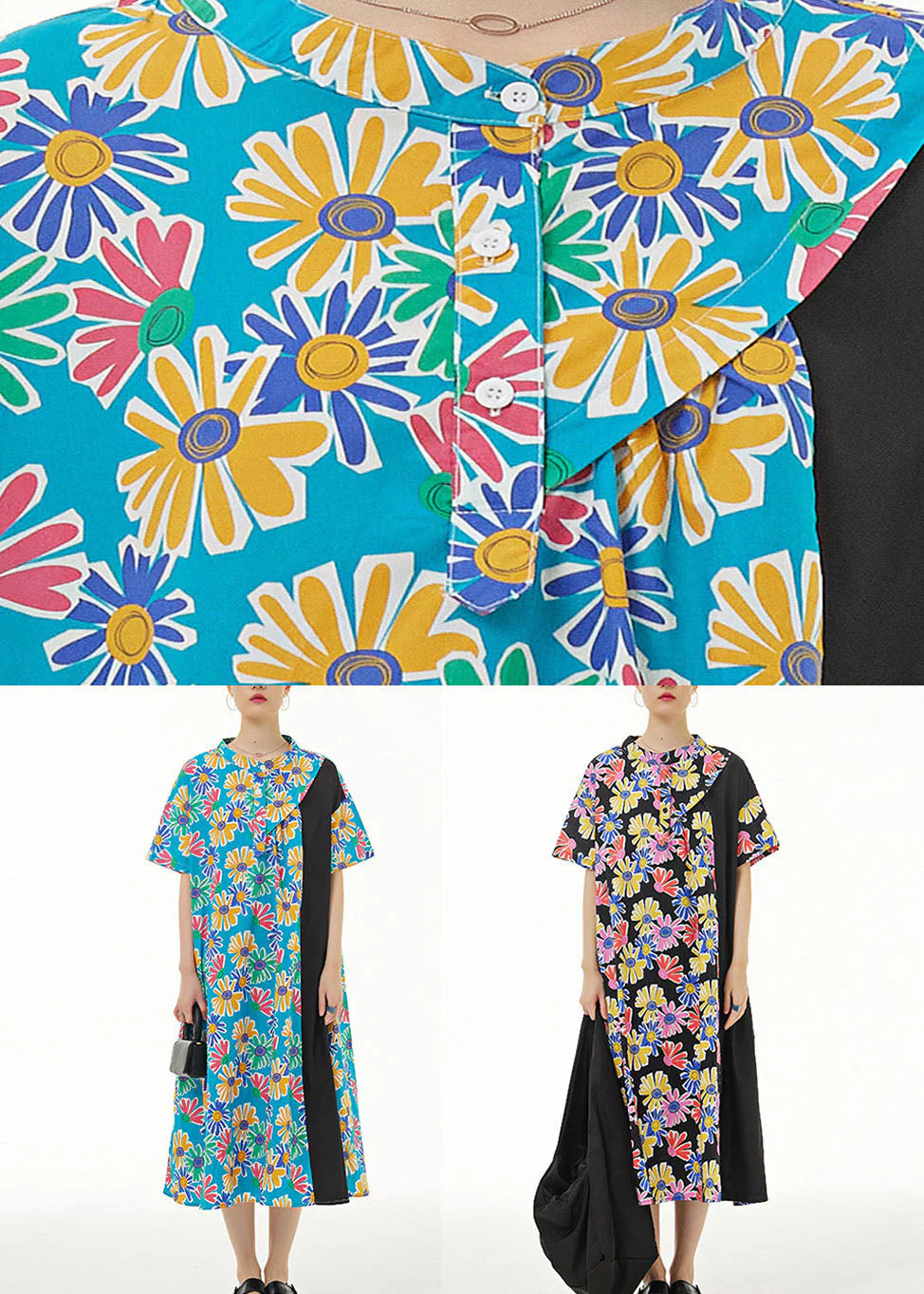 Stylish Black Stand Collar Print Patchwork Cotton Dresses Summer - Image 5