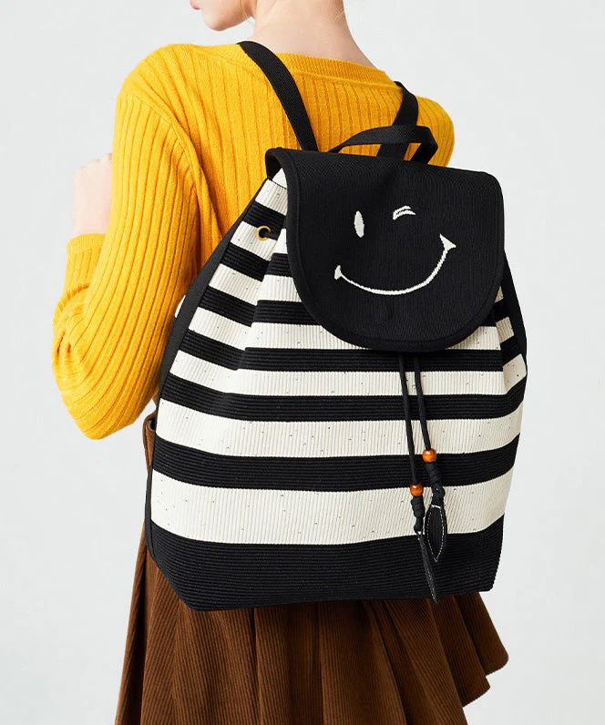 Stylish Black Striped Large Capacity Cotton Backpack Bag - Image 2