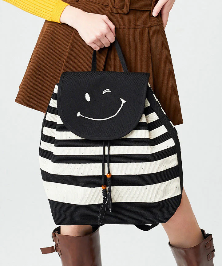 Stylish Black Striped Large Capacity Cotton Backpack Bag - Image 3