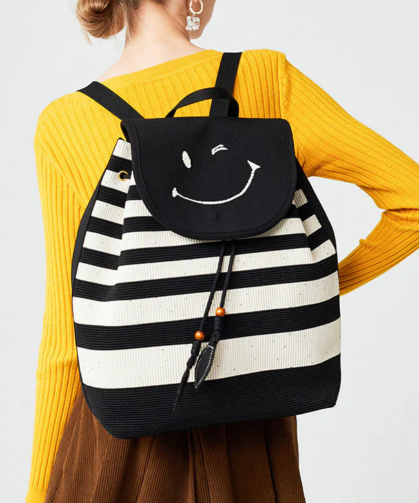 Stylish Black Striped Large Capacity Cotton Backpack Bag - Image 4