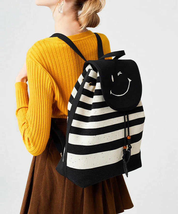 Stylish Black Striped Large Capacity Cotton Backpack Bag - Image 5