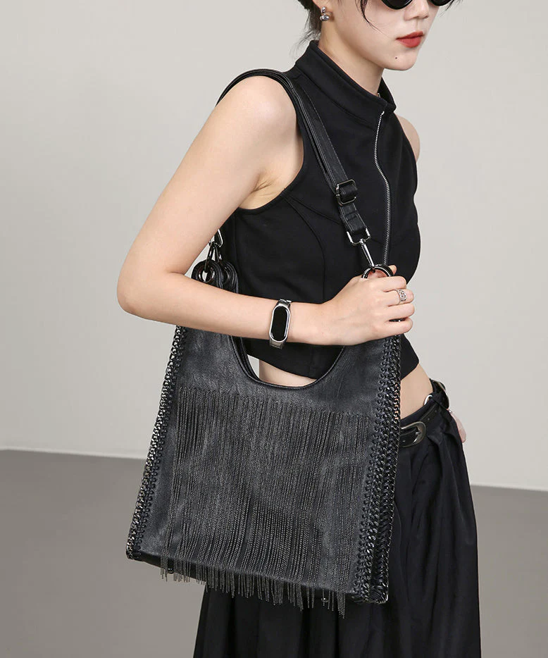 Stylish Black Tasseled Chain Linked Faux Leather Flap Bag - Image 2