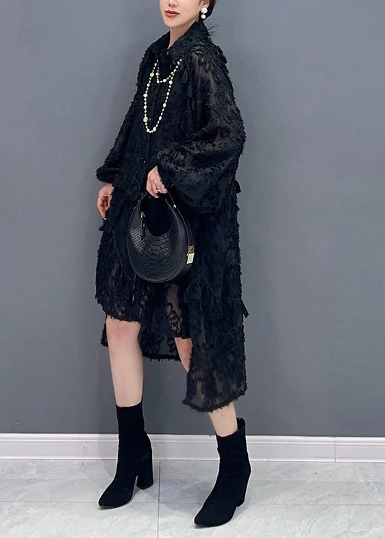 Stylish Black Tasseled Low High Design Patchwork Tulle Dress Fall - Image 2