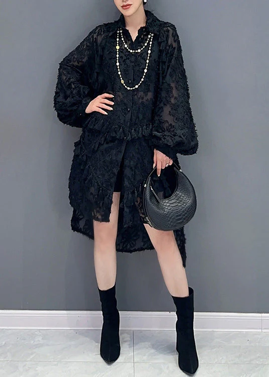 Stylish Black Tasseled Low High Design Patchwork Tulle Dress Fall - Image 3