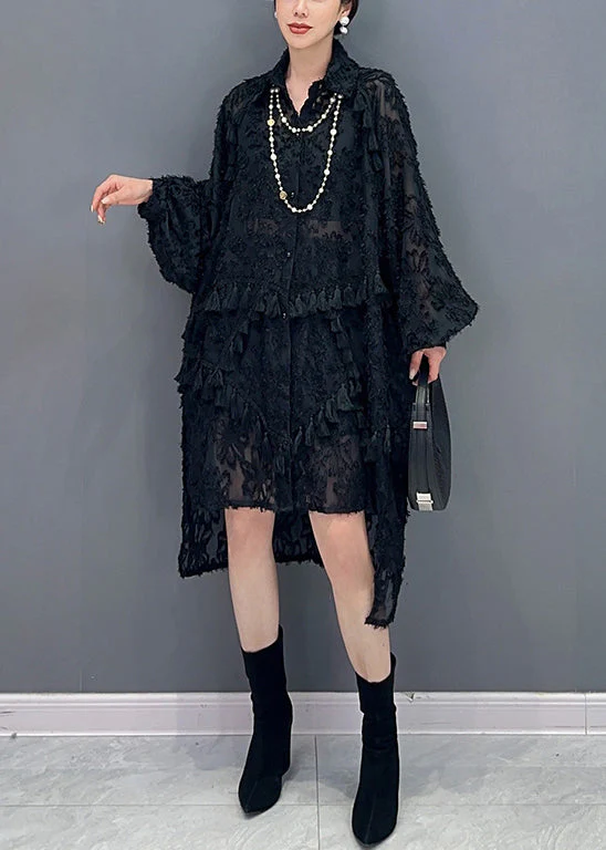 Stylish Black Tasseled Low High Design Patchwork Tulle Dress Fall - Image 4