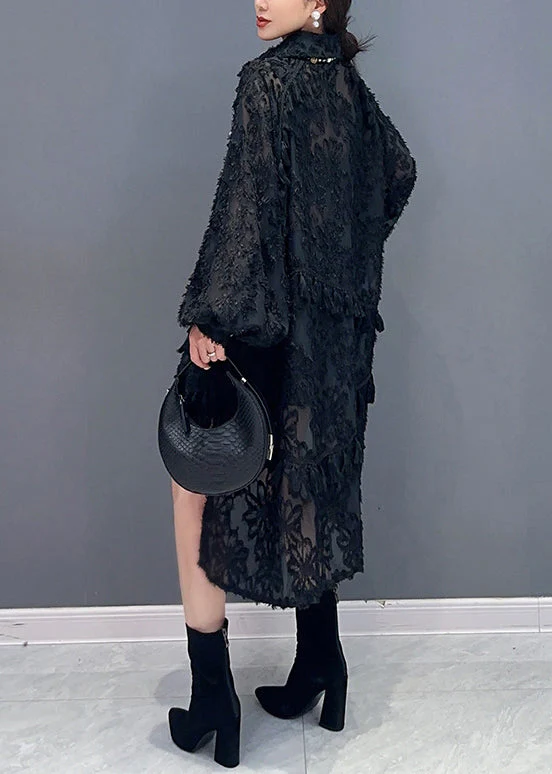 Stylish Black Tasseled Low High Design Patchwork Tulle Dress Fall - Image 5