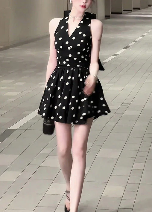 Stylish Black V Neck Dot Bow Cotton Mid Dress Sleeveless - Image 3