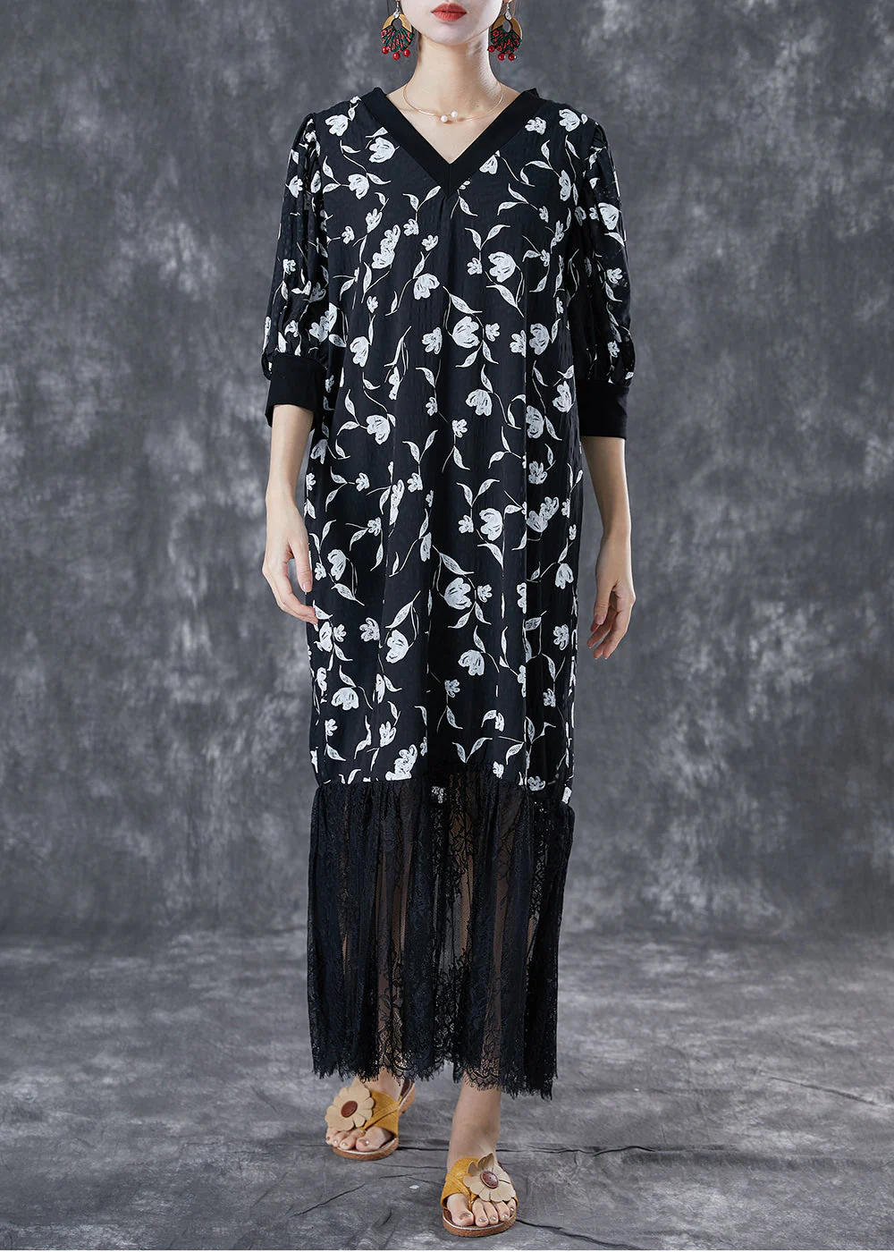 Stylish Black V Neck Lace Patchwork Print Chiffon Dresses Summer - Image 2