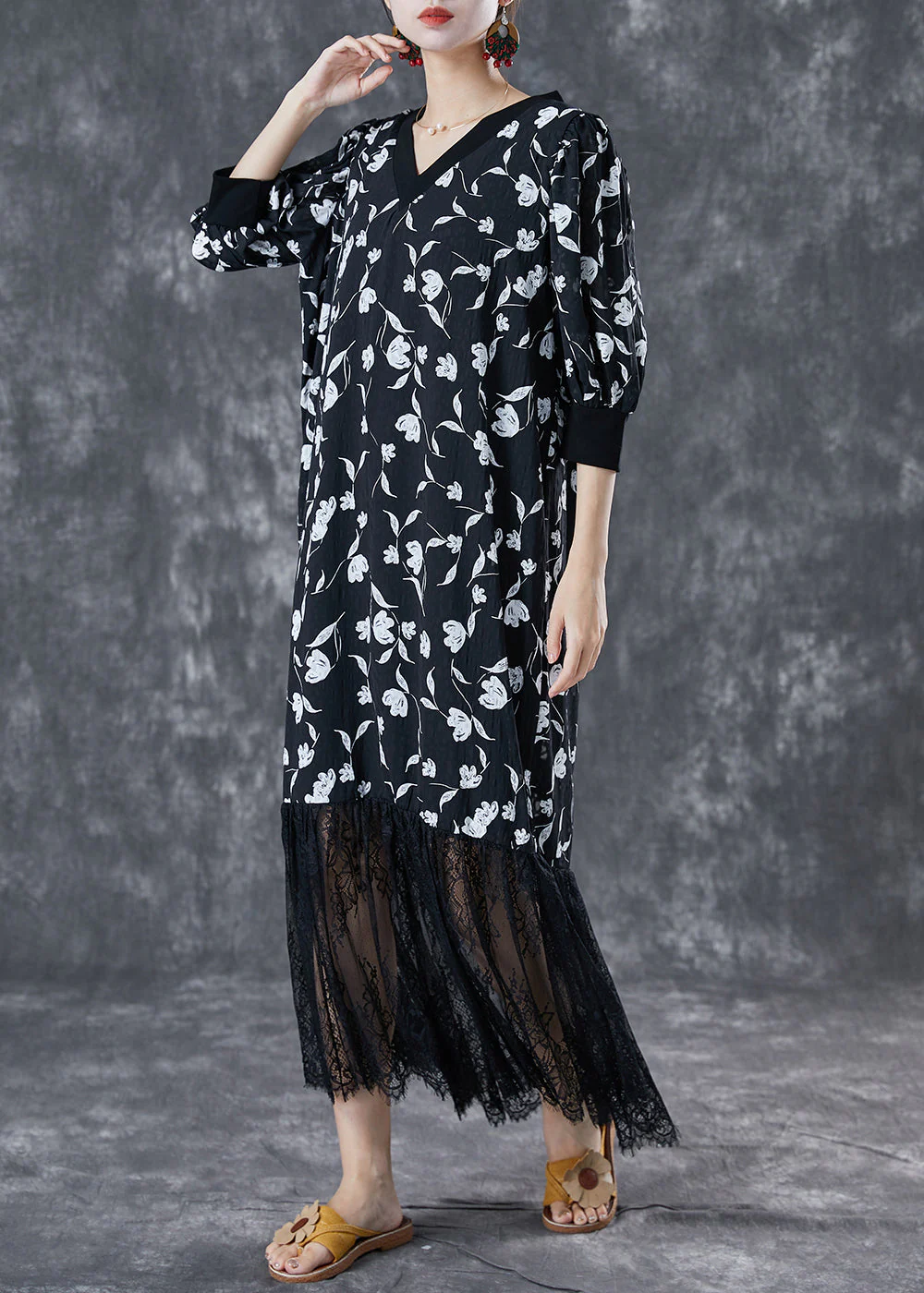 Stylish Black V Neck Lace Patchwork Print Chiffon Dresses Summer - Image 3
