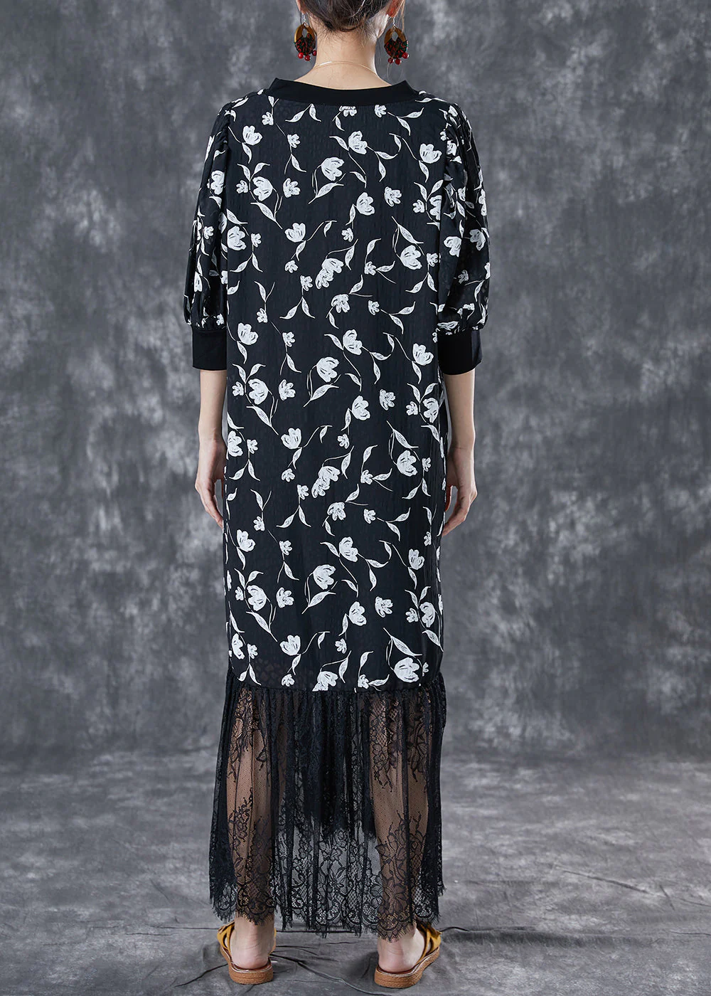 Stylish Black V Neck Lace Patchwork Print Chiffon Dresses Summer - Image 4