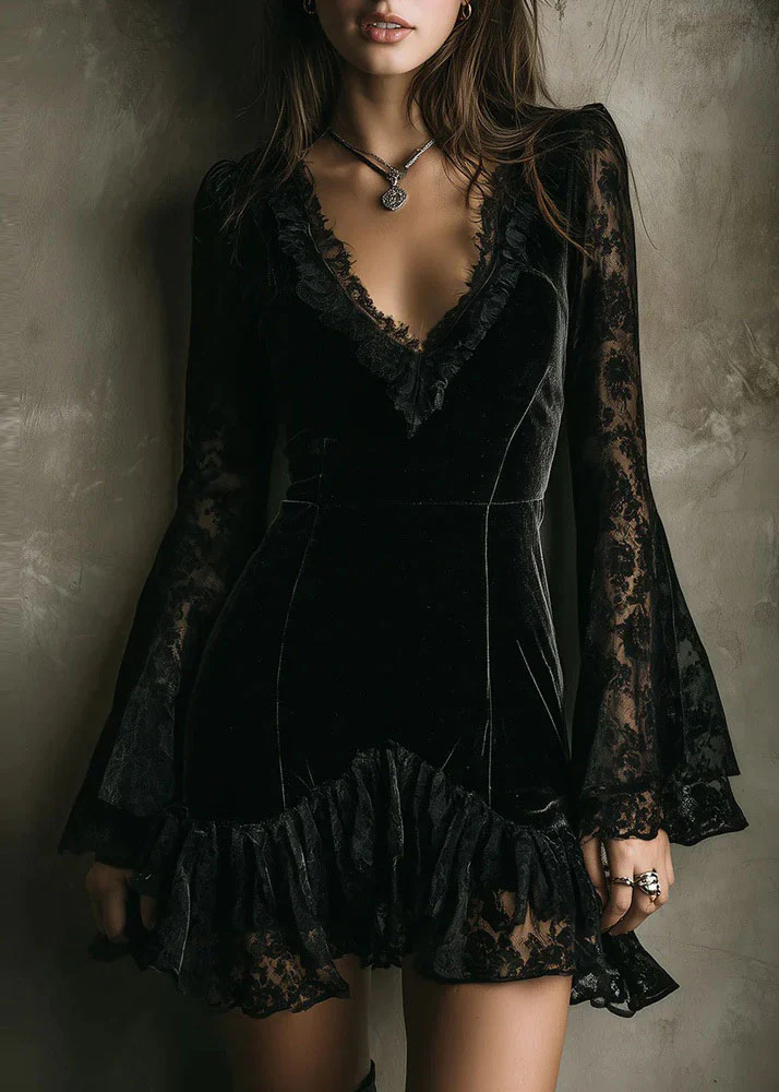 Stylish Black V Neck Lace Patchwork Velvet Mini Dress Fall