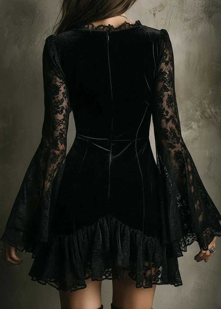 Stylish Black V Neck Lace Patchwork Velvet Mini Dress Fall - Image 3